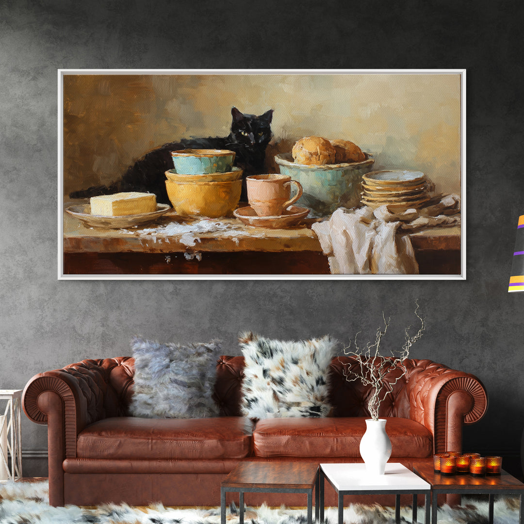 Black Cat Beside a Steaming Cup Framed Canvas Print, Coffee Shop Art, Contemporary Art, Cafe Decor, Cafe, Printable Art, CSA-2x1-34