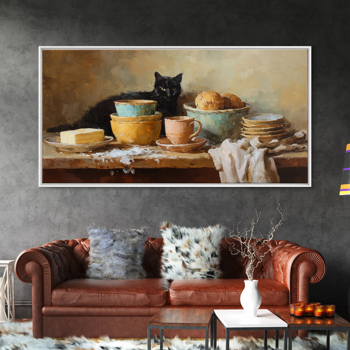 Black Cat Beside a Steaming Cup Framed Canvas Print, Coffee Shop Art, Contemporary Art, Cafe Decor, Cafe, Printable Art, CSA-2x1-34