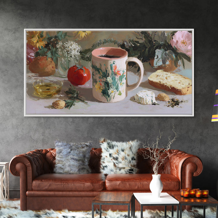 Ceramic Mug with Wildflowers Around It Canvas Print, Coffee Shop Art, Home Decor, Cafe Decor, Fine Art, Cafe, Kitchen Art, CSA-2x1-36