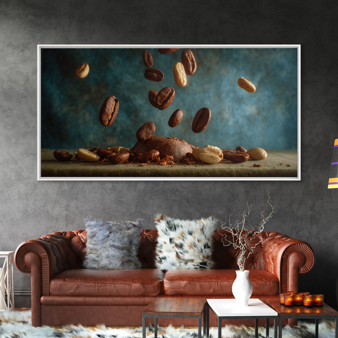 Roasted Beans Falling Through Dark Space Framed Canvas Print, Coffee Shop Art, Wall Decor, Cafe Decor, Fine Art, Cafe, CSA-2x1-40