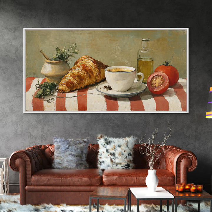Croissant and Cappuccino on Striped Cloth Canvas Print, Coffee Shop Art, Kitchen Art, Cafe Decor, Cafe, Minimalist Wall Art, CSA-2x1-49