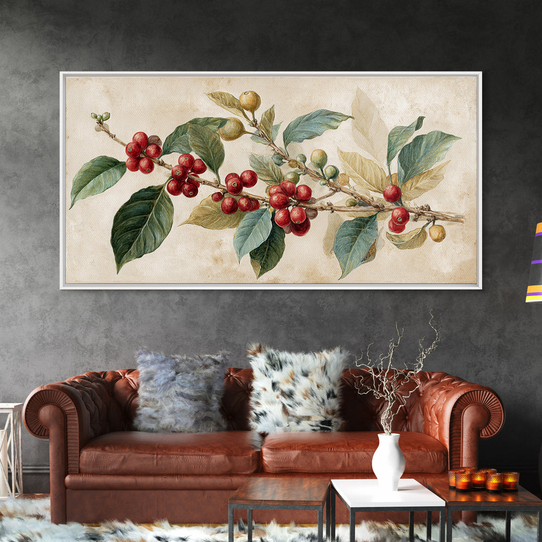 Botanical Coffee Plant Branch Framed Canvas Print, Coffee Shop Art, Coffee, Cafe Decor, Oil Painting, Cafe, Living Room Decor, CSA-2x1-50