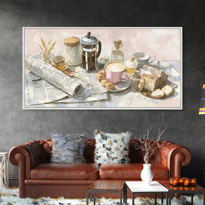 French Press and Morning Newspaper Without Readable Canvas Print, Coffee Shop Art, Art Print, Cafe Decor, Fine Art, Cafe, CSA-2x1-54
