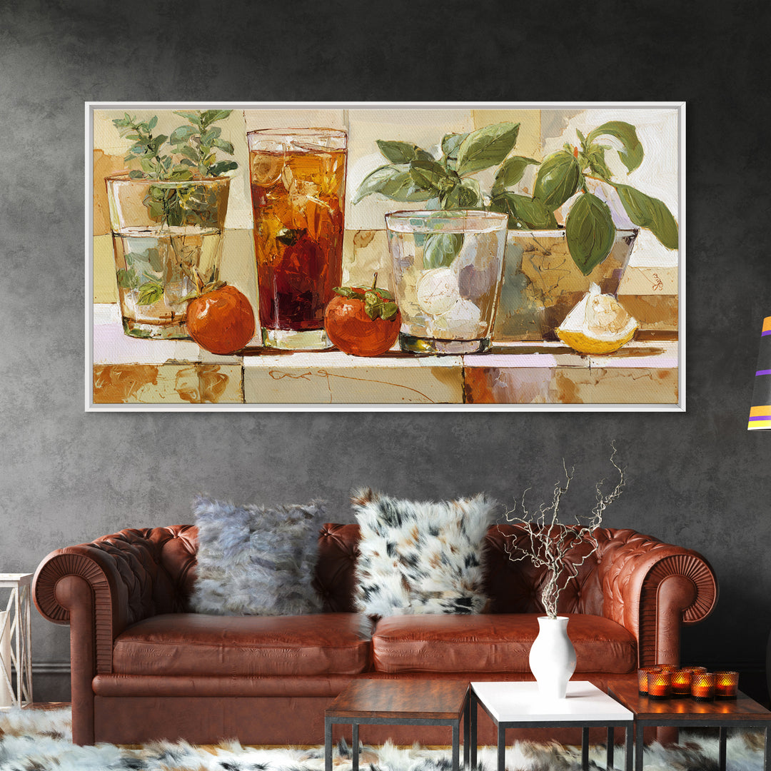 Iced Coffee Glass Framed Canvas Print, Coffee Shop Art, Dark Academia Decor, Cafe Decor, Fine Art, Cafe, Whimsical Art, CSA-2x1-55