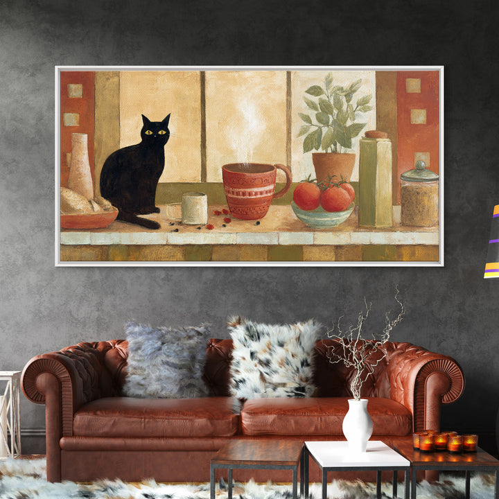 Black Cat Beside a Steaming Cup Canvas Print, Coffee Shop Art, Printable, Cafe Decor, Fine Art, Cafe, Dopamine Decor, CSA-2x1-58