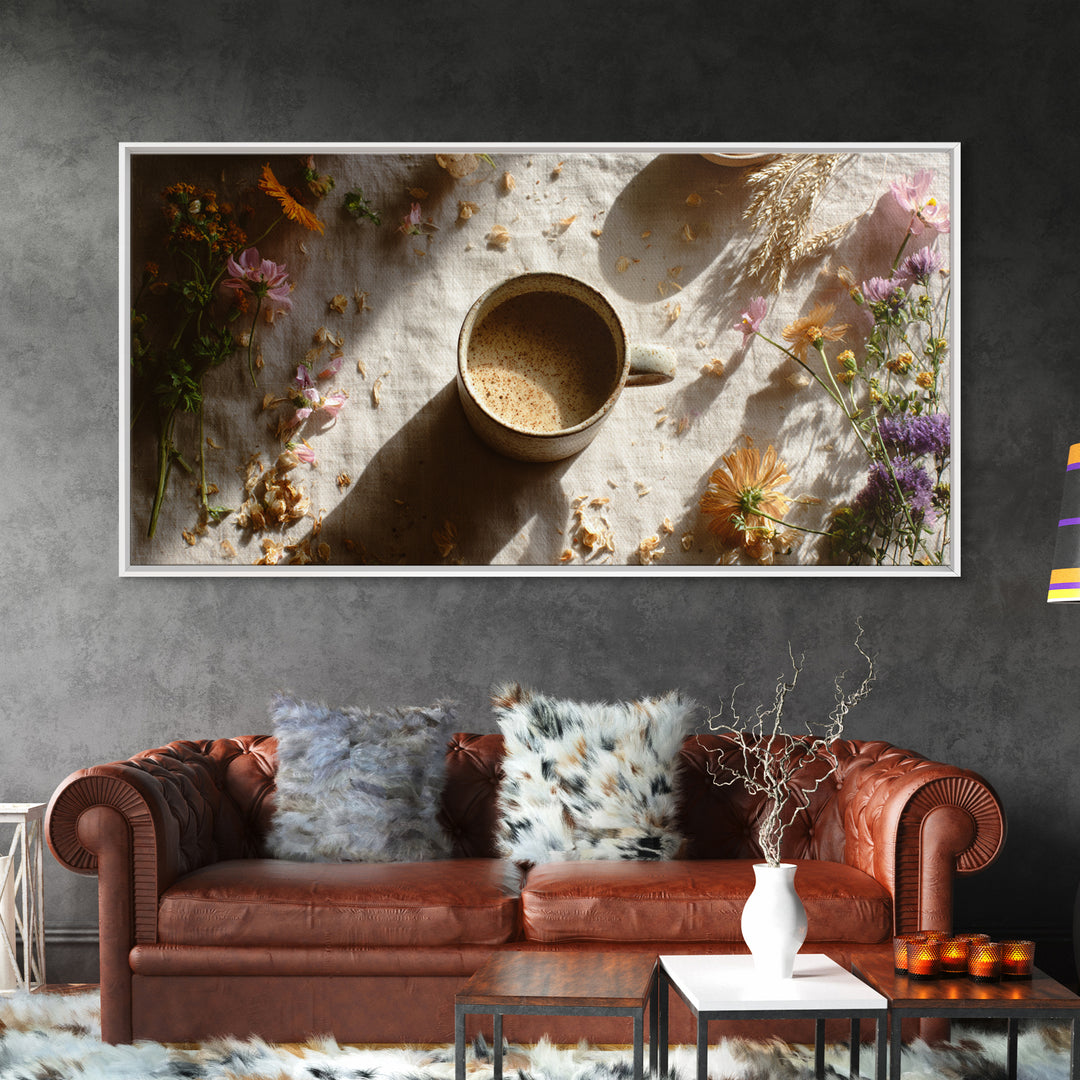 Ceramic Mug with Wildflowers Around It Framed Canvas Print, Coffee Shop Art, Digital Wall Art, Cafe Decor, Fine Art, Cafe, CSA-2x1-60