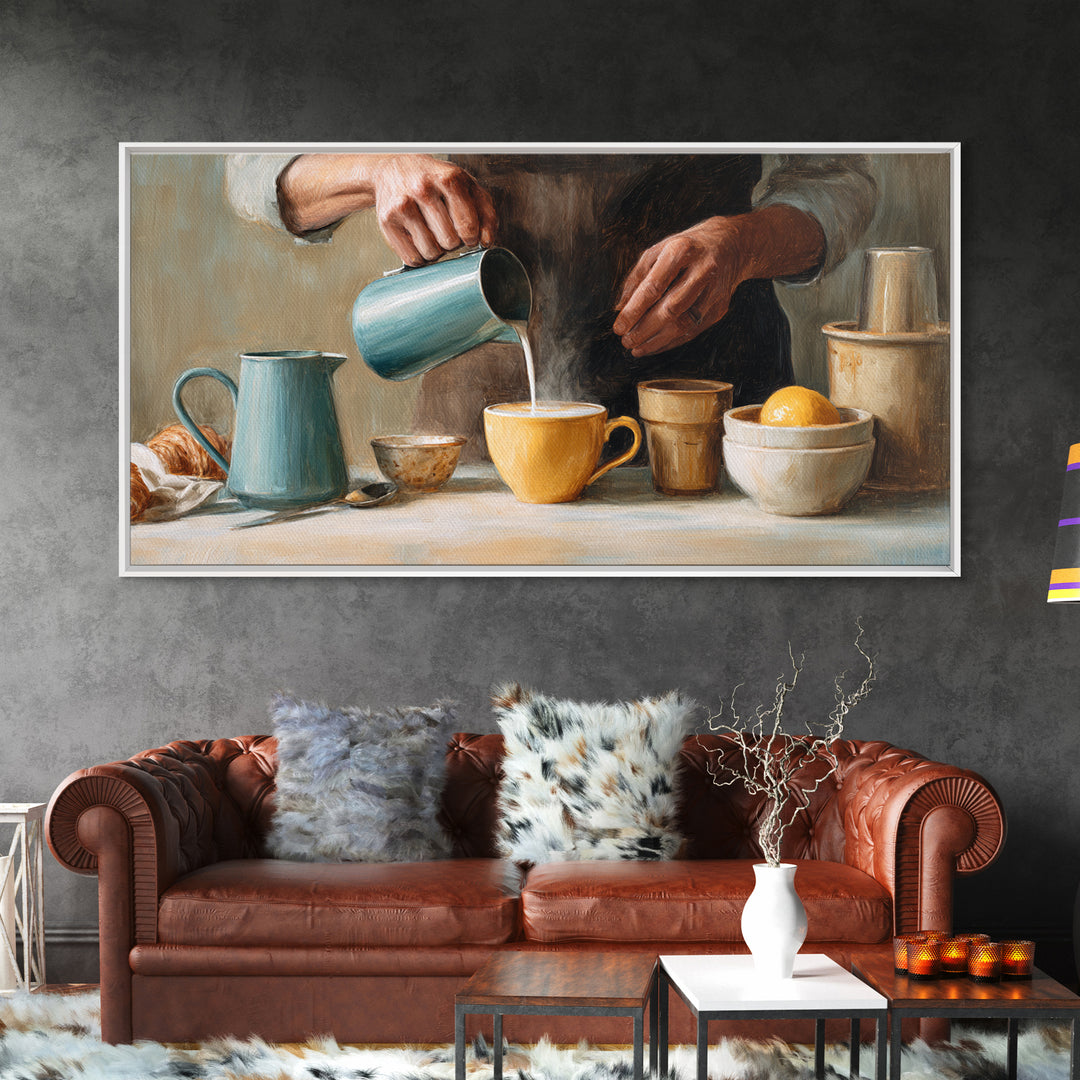 Barista Hands Pouring Milk into Espresso Framed Canvas Print, Coffee Shop Art, Printable Art, Cafe Decor, Abstract Art, Cafe, CSA-2x1-65