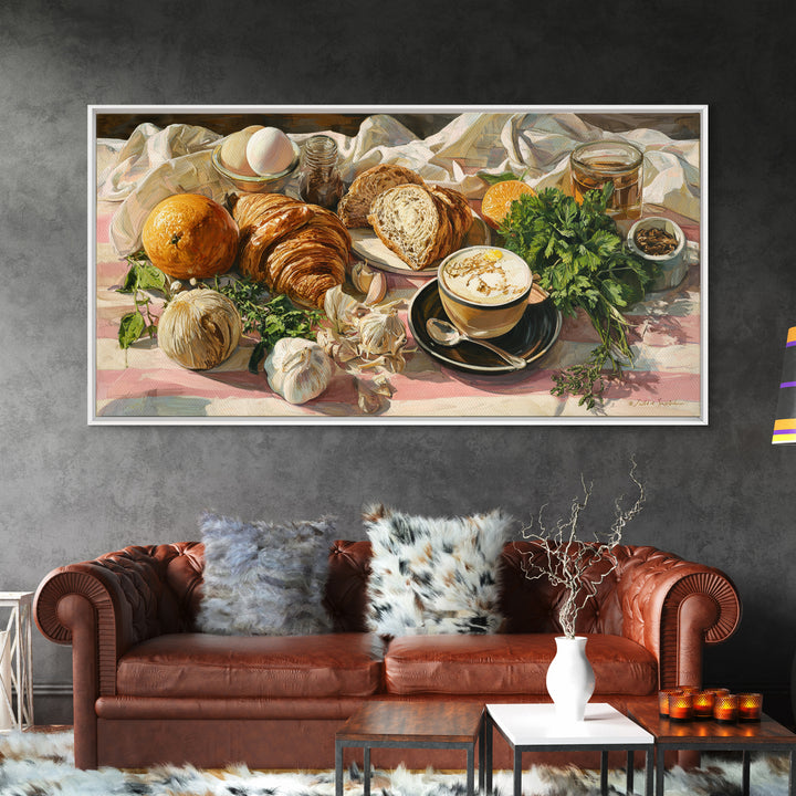 Croissant and Cappuccino on Striped Cloth Canvas Print, Coffee Shop Art, Kitchen Art, Cafe Decor, Cafe, Minimalist Wall Art, CSA-2x1-73