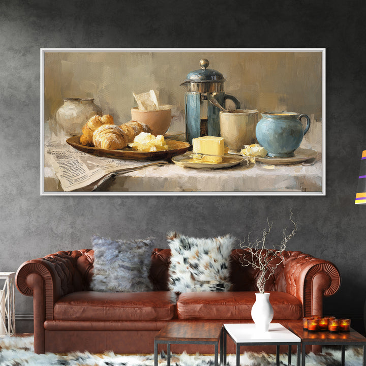 French Press and Morning Newspaper Without Readable Canvas Print, Coffee Shop Art, Art Print, Cafe Decor, Fine Art, Cafe, CSA-2x1-78