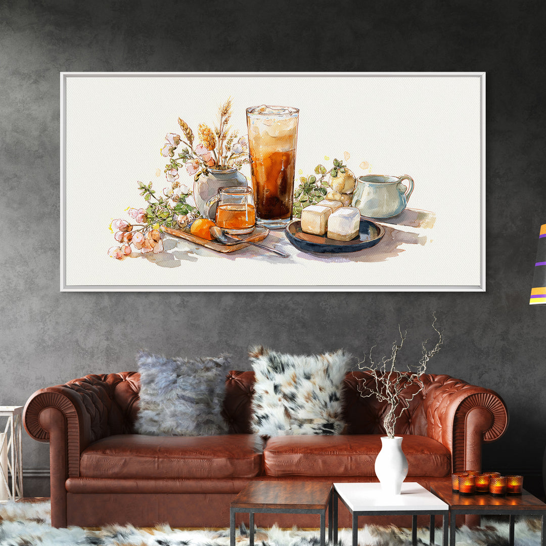 Iced Coffee Glass Framed Canvas Print, Coffee Shop Art, Food Art, Cafe Decor, Fine Art, Cafe, Minimalist Decor, CSA-2x1-79