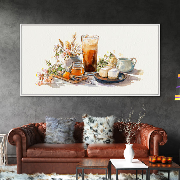 Iced Coffee Glass Framed Canvas Print, Coffee Shop Art, Food Art, Cafe Decor, Fine Art, Cafe, Minimalist Decor, CSA-2x1-79