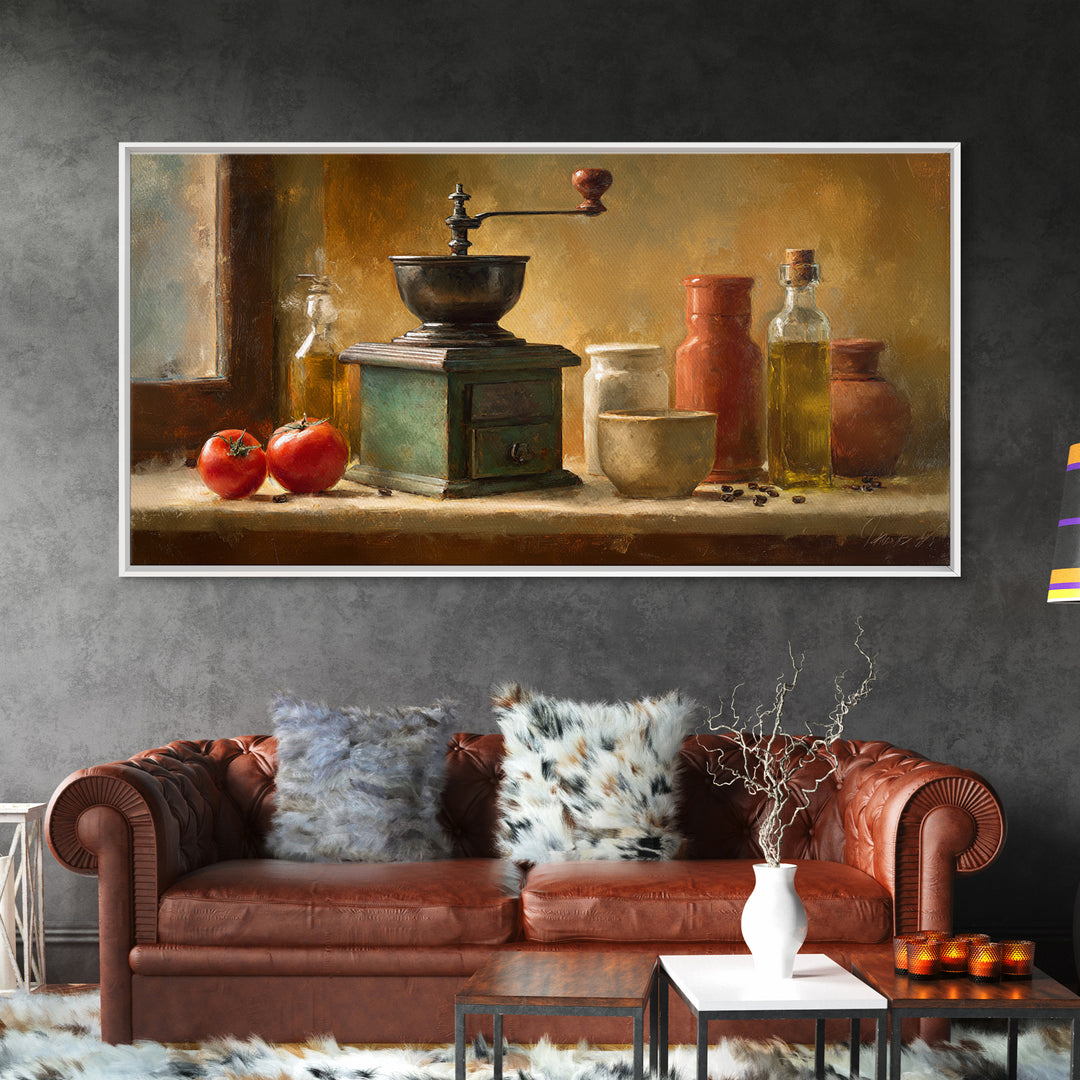 Coffee Grinder Antique Still Life Framed Canvas Print, Coffee Shop Art, Dopamine Decor, Cafe Decor, Cafe, Coffee Wall Art, CSA-2x1-80