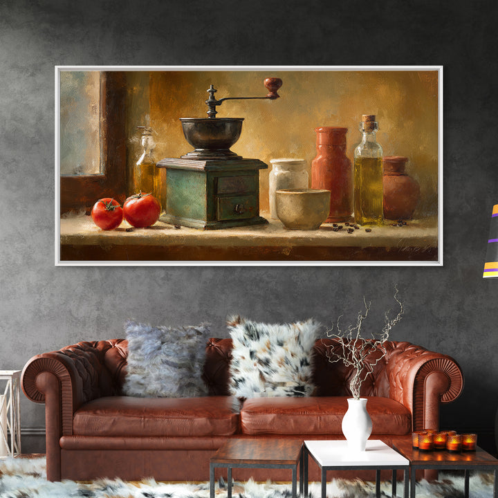 Coffee Grinder Antique Still Life Framed Canvas Print, Coffee Shop Art, Dopamine Decor, Cafe Decor, Cafe, Coffee Wall Art, CSA-2x1-80