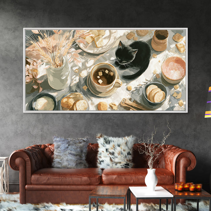 Black Cat Beside a Steaming Cup Canvas Print, Coffee Shop Art, Printable, Cafe Decor, Fine Art, Cafe, Dopamine Decor, CSA-2x1-82
