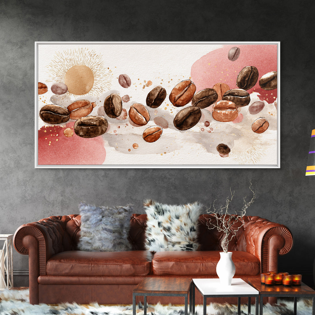 Roasted Beans Falling Through Dark Space Framed Canvas Print, Coffee Shop Art, Kitchen Art, Cafe Decor, Fine Art, Cafe, CSA-2x1-88