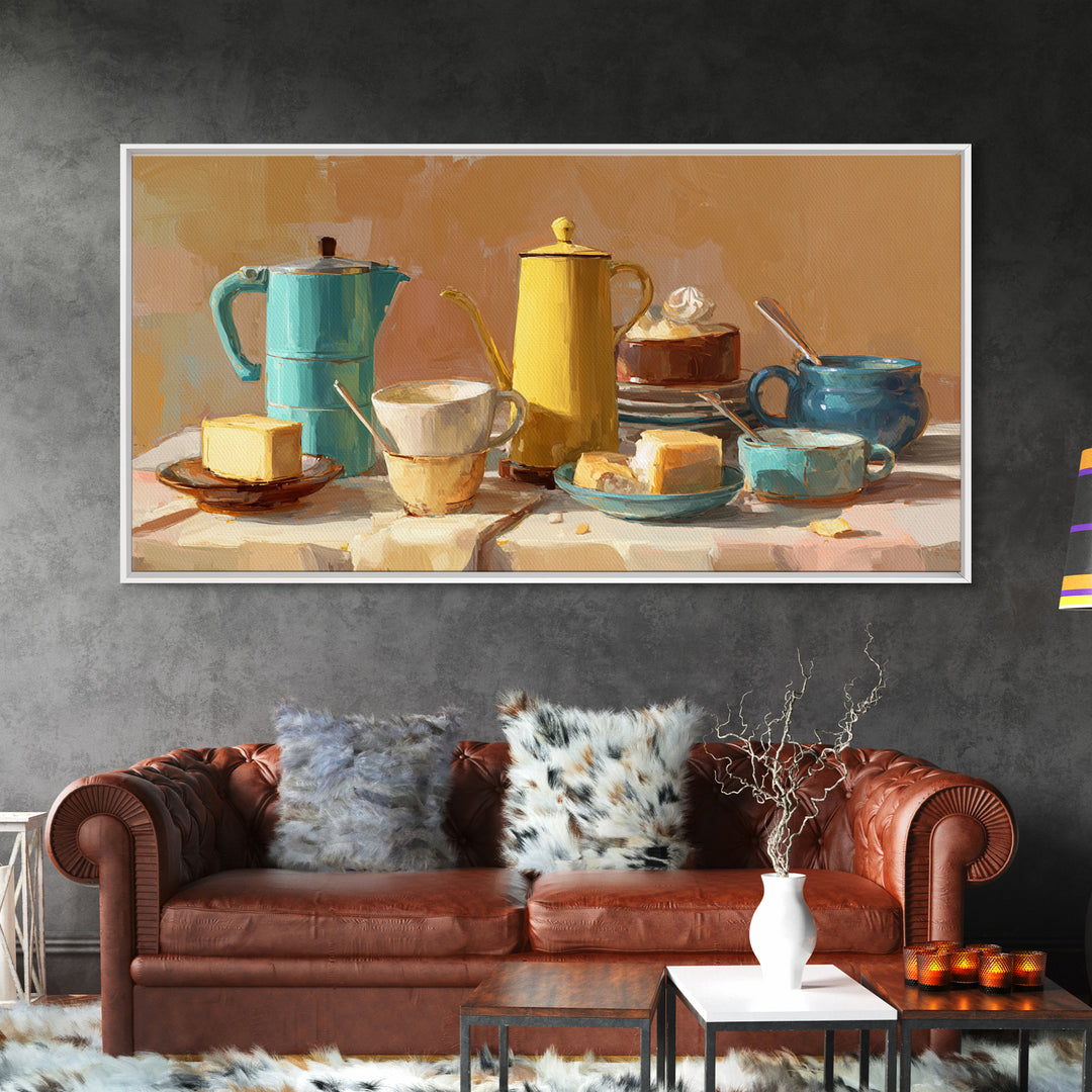 Mid Century Coffee Pot Framed Canvas Print, Coffee Shop Art, Digital Wall Art, Cafe Decor, Oil Painting, Cafe, Bedroom Wall Art, CSA-2x1-90