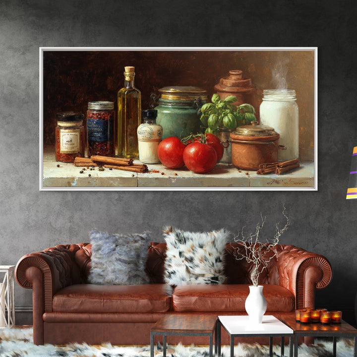 Cinnamon Sticks and Cappuccino Foam Still Life Framed Canvas Print, Coffee Shop Art, Kitchen Gift, Cafe Decor, Oil Painting, CSA-2x1-92