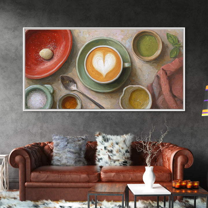 Latte Art Heart Seen from Above Framed Canvas Print, Coffee Shop Art, Kitchen Wall Decor, Cafe Decor, Oil Painting, Cafe, CSA-2x1-96