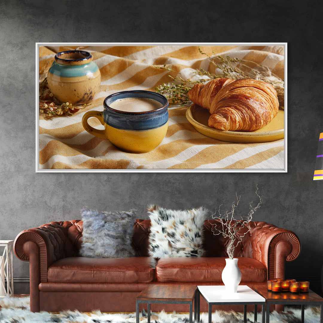 Croissant and Cappuccino on Striped Cloth Framed Canvas Print, Coffee Shop Art, Canvas Print, Cafe Decor, Fine Art, Cafe, CSA-2x1-97
