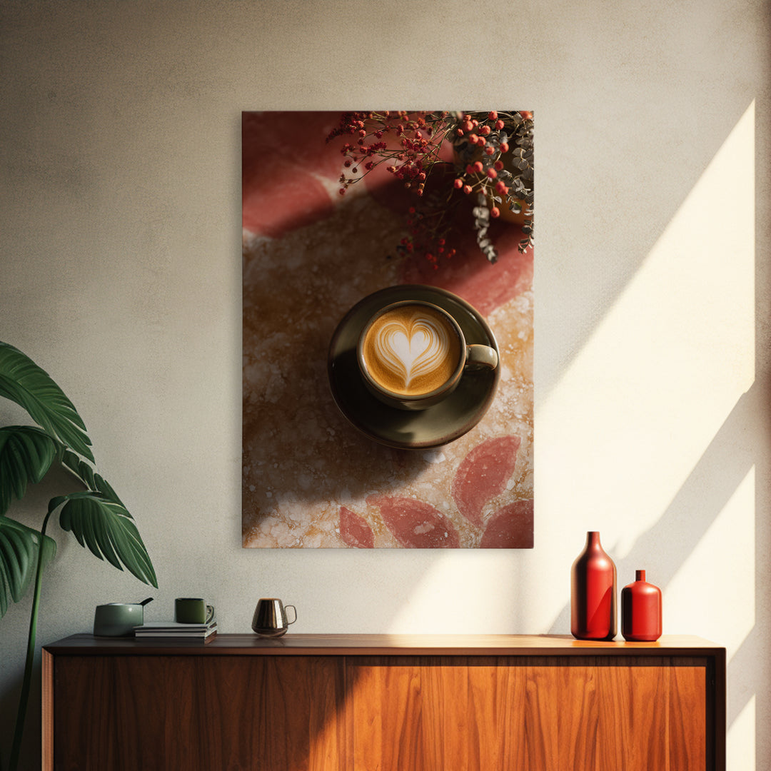 Latte Art Heart Seen from Above Framed Canvas Print, Coffee Shop Art, Digital Wall Art, Cafe Decor, Oil Painting, Cafe, CSA-2x3-12