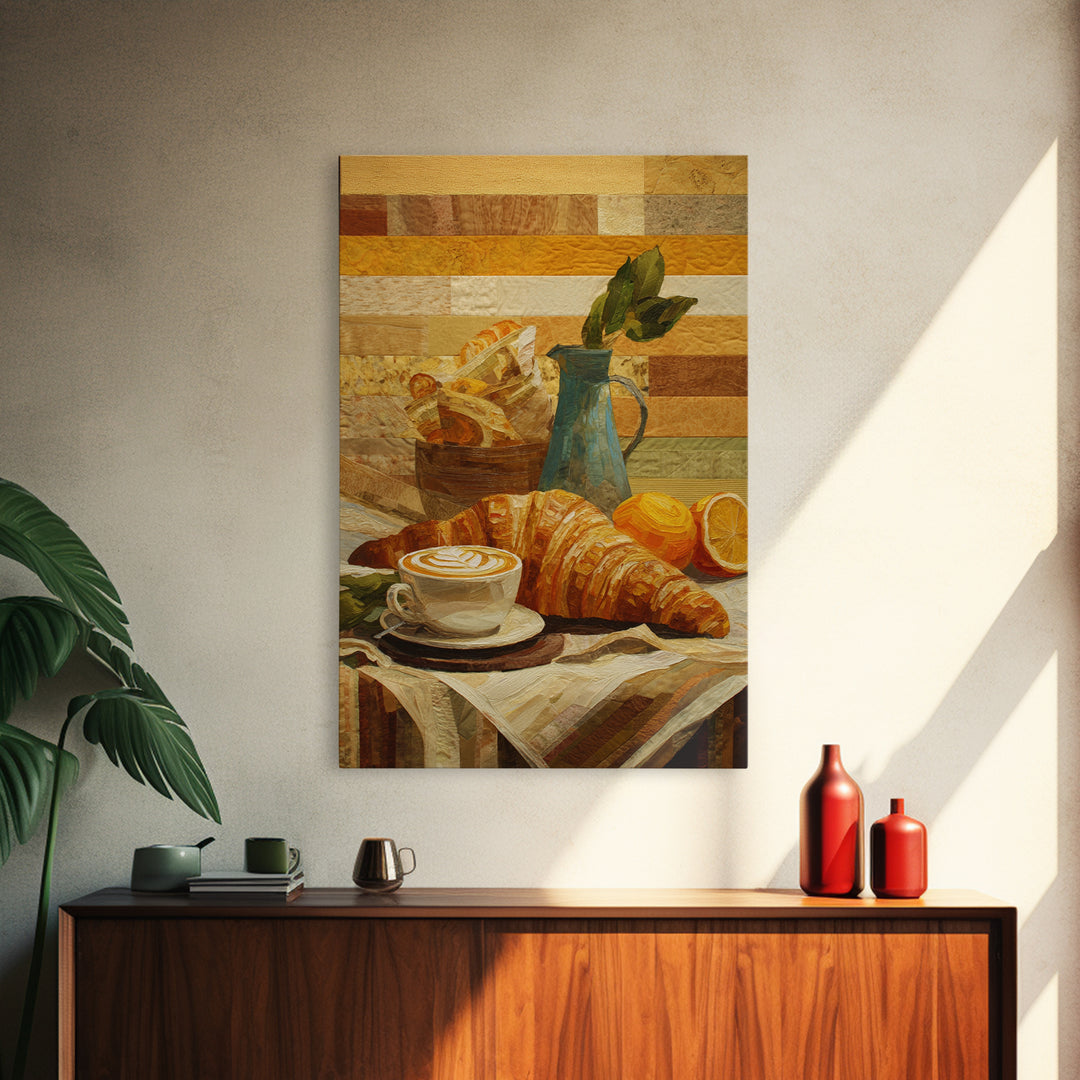 Croissant and Cappuccino on Striped Cloth Framed Canvas Print, Coffee Shop Art, Kitchen Wall Art, Cafe Decor, Fine Art, Cafe, CSA-2x3-13