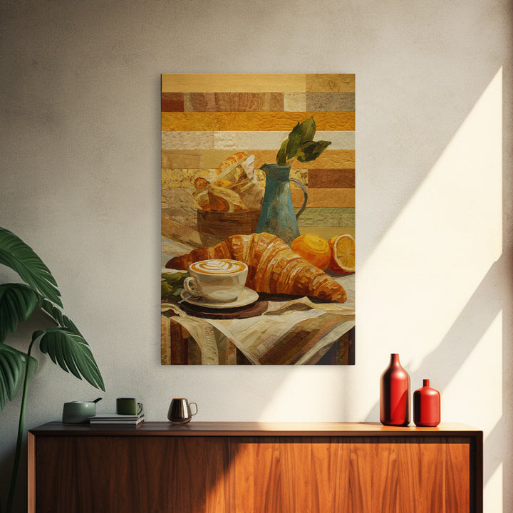 Croissant and Cappuccino on Striped Cloth Framed Canvas Print, Coffee Shop Art, Kitchen Wall Art, Cafe Decor, Fine Art, Cafe, CSA-2x3-13