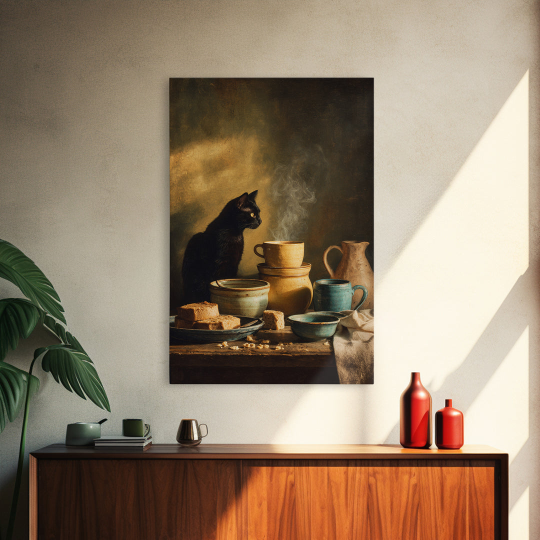 Black Cat Beside a Steaming Cup Framed Canvas Print, Coffee Shop Art, Wall Decor, Cafe Decor, Fine Art, Cafe, Kitchen Gift, CSA-2x3-22