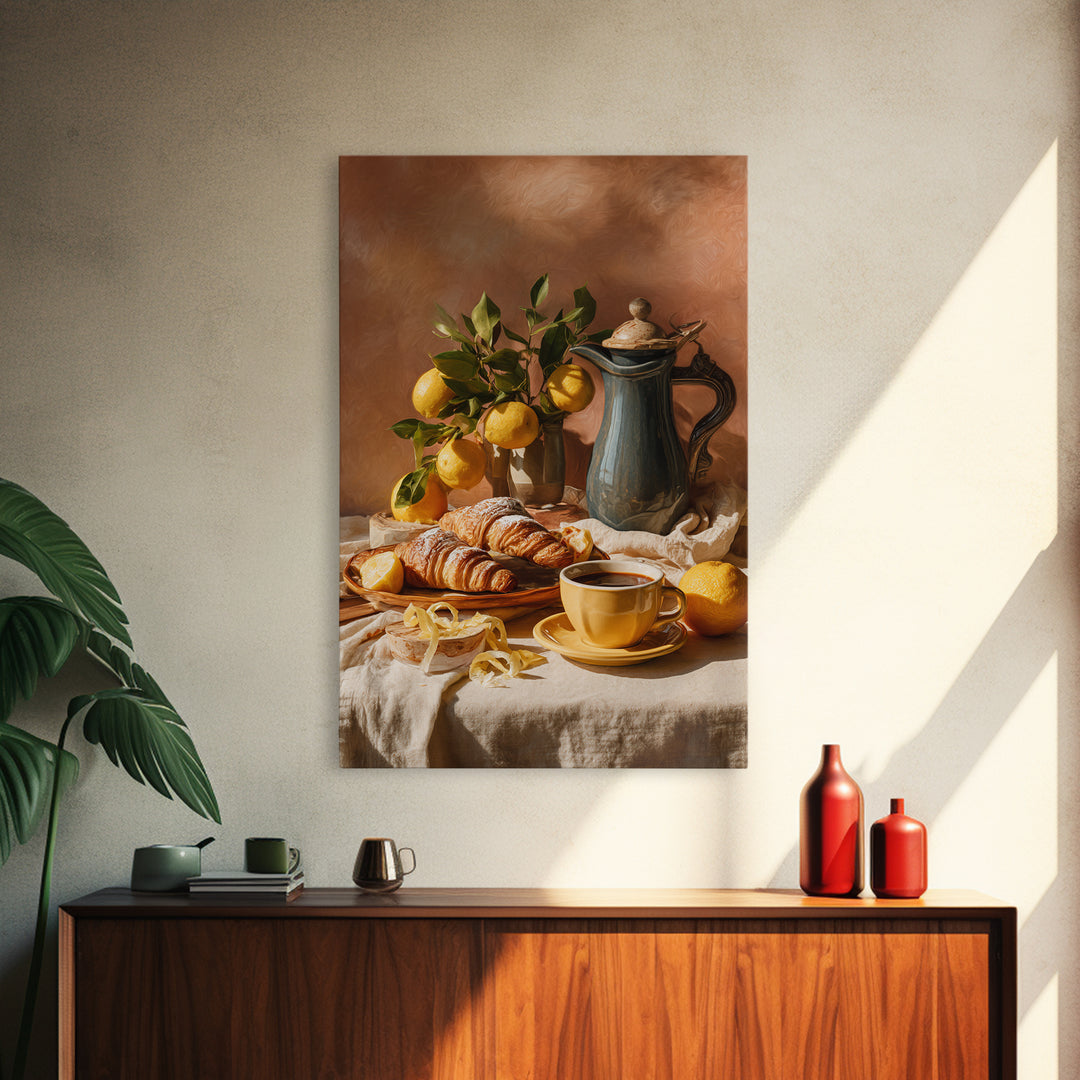 Sunlit Pastry and Coffee Arrangement Framed Canvas Print, Coffee Shop Art, Room Decor, Cafe Decor, Cafe, Canvas Wall Art, CSA-2x3-3