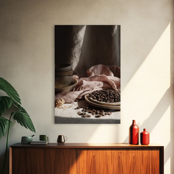 Roasted Beans Falling Through Dark Space Framed Canvas Print, Coffee Shop Art, Contemporary Art, Cafe Decor, Fine Art, Cafe, CSA-2x3-4