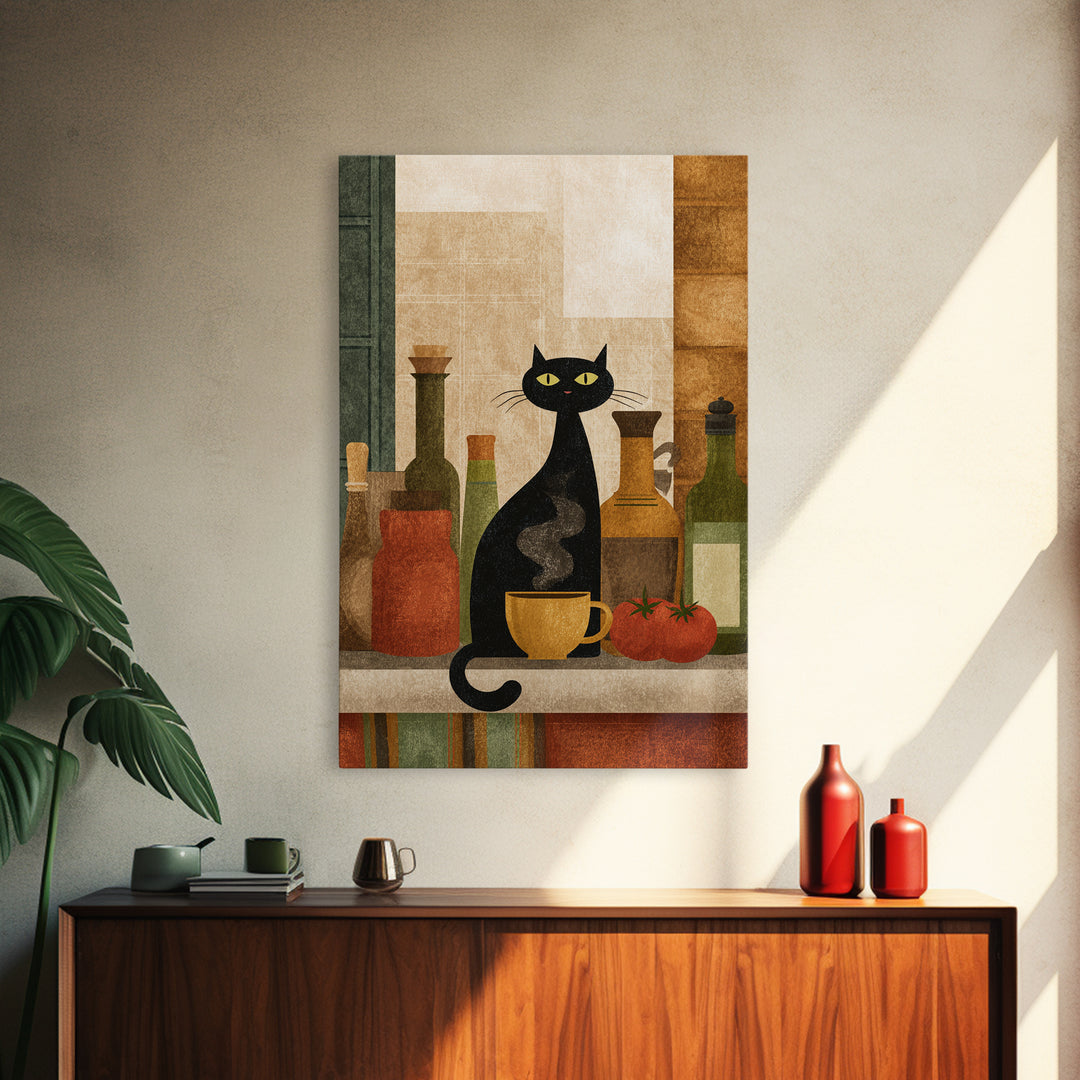 Black Cat Beside a Steaming Cup Framed Canvas Print, Coffee Shop Art, Wall Decor, Cafe Decor, Fine Art, Cafe, Kitchen Gift, CSA-2x3-46