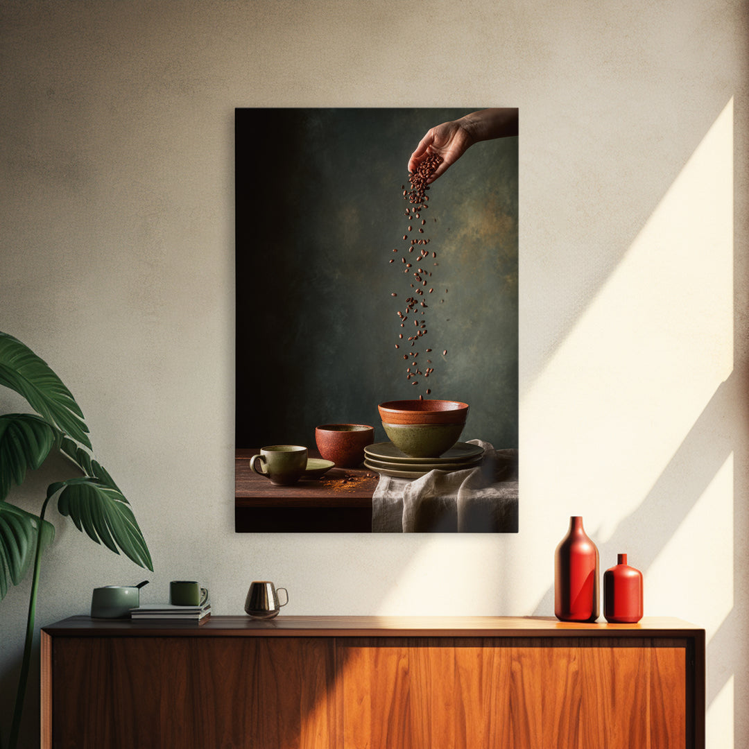 Roasted Beans Falling Through Dark Space Framed Canvas Print, Coffee Shop Art, Wall Decor, Cafe Decor, Fine Art, Cafe, CSA-2x3-52