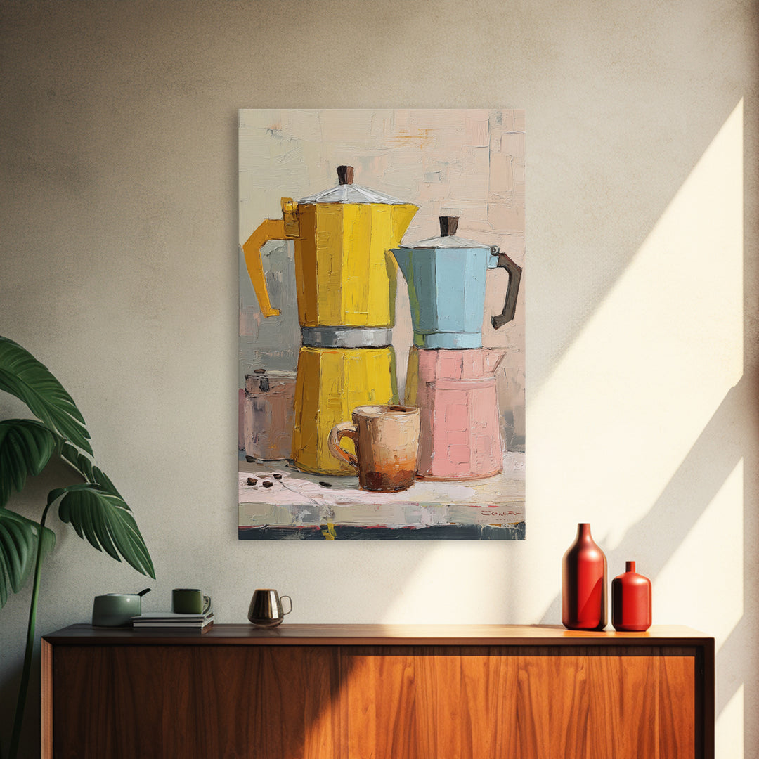 Mid Century Coffee Pot Framed Canvas Print, Coffee Shop Art, Minimalist Decor, Cafe Decor, Fine Art, Cafe, Kitchen Wall Art, CSA-2x3-6