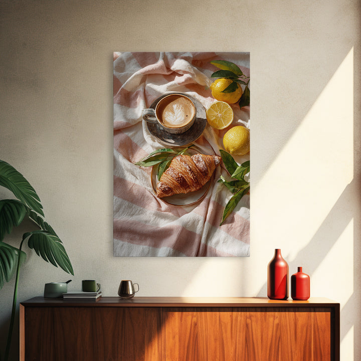 Croissant and Cappuccino on Striped Cloth Canvas Print, Coffee Shop Art, Dark Academia Decor, Cafe Decor, Fine Art, Cafe, CSA-2x3-61