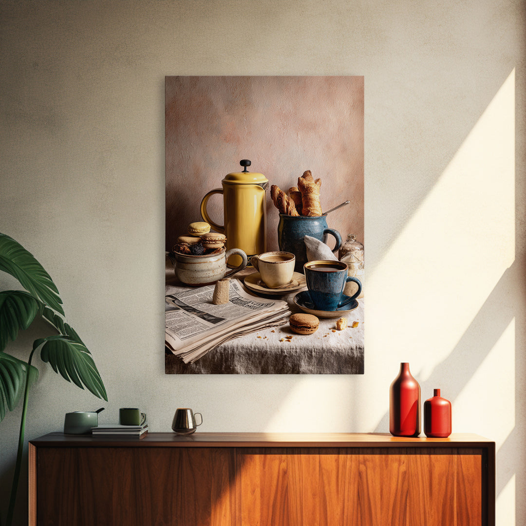 French Press and Morning Newspaper Without Readable Canvas Print, Coffee Shop Art, Digital Wall Art, Cafe Decor, Oil Painting, CSA-2x3-66