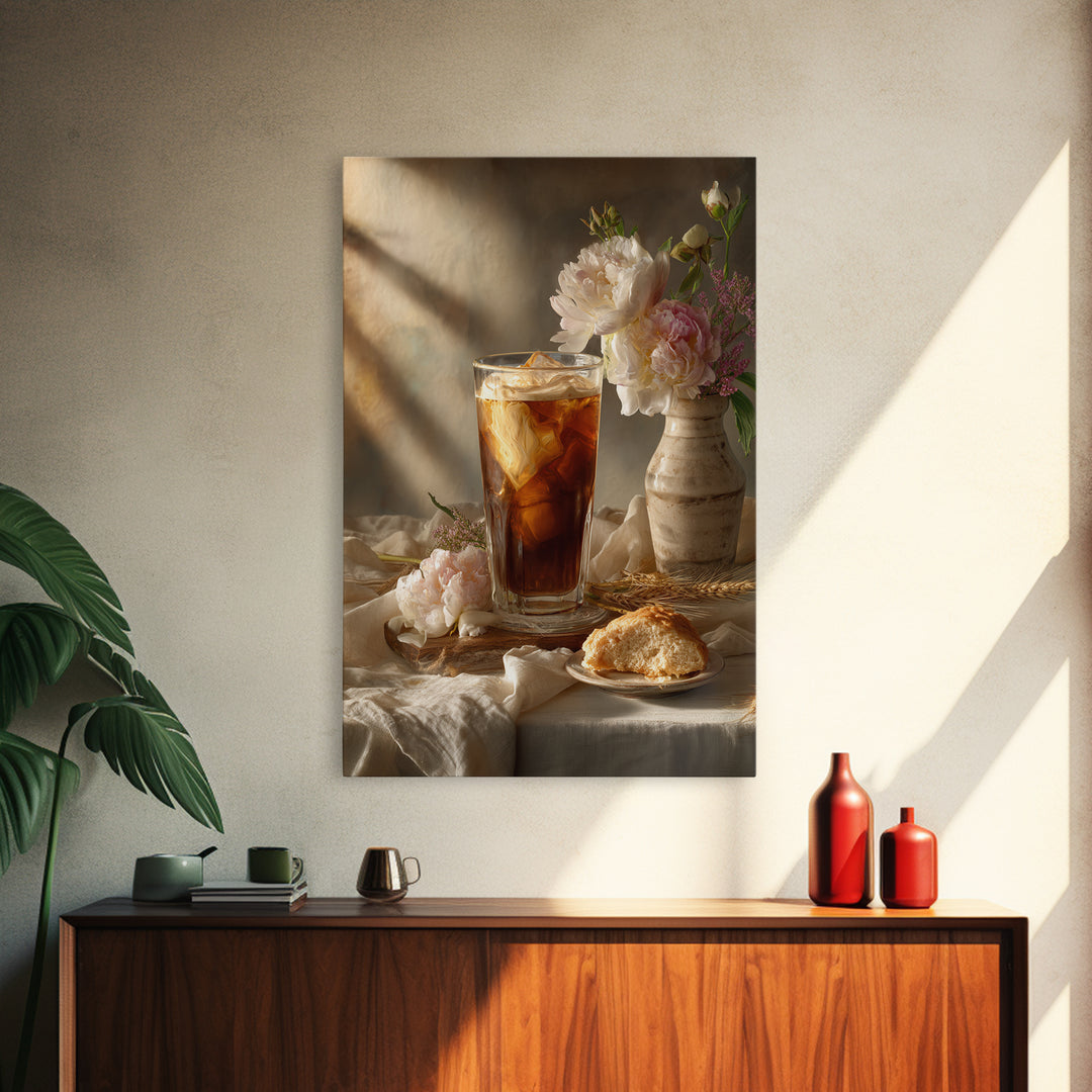 Iced Coffee Glass Canvas Print, Coffee Shop Art, Dark Academia Decor, Cafe Decor, Cafe, Whimsical Art, Coffee Wall Art, CSA-2x3-67