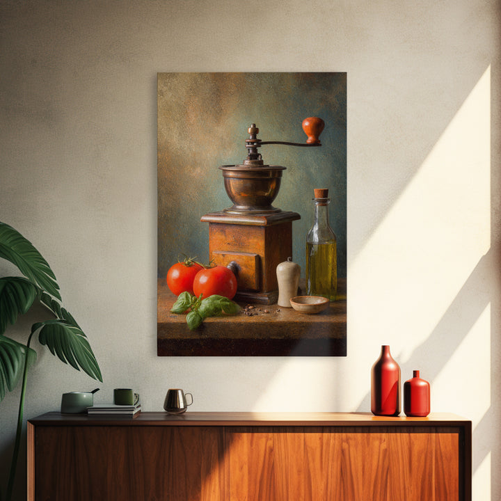 Coffee Grinder Antique Still Life Framed Canvas Print, Coffee Shop Art, Dopamine Decor, Cafe Decor, Cafe, Coffee Wall Art, CSA-2x3-68