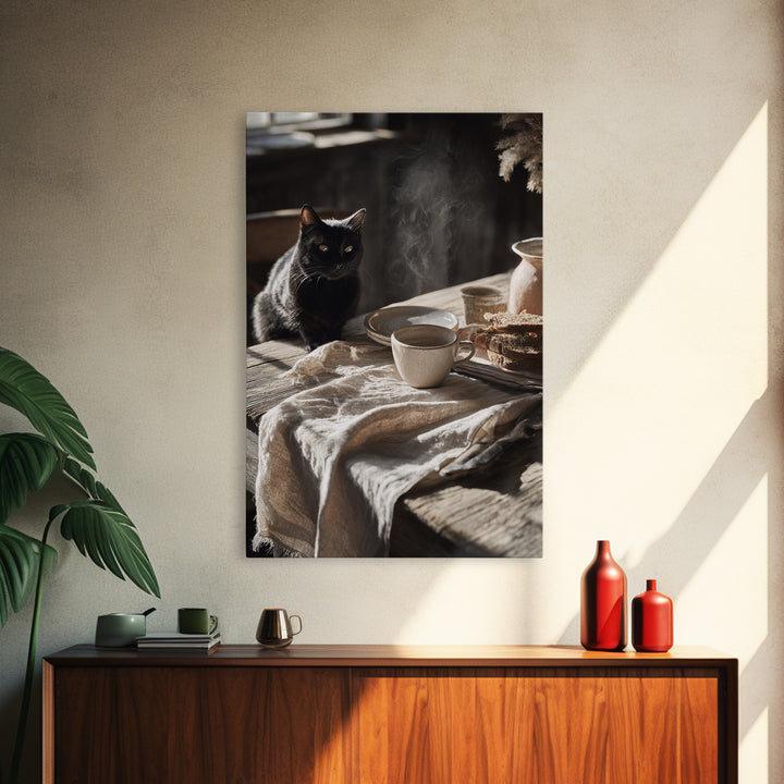 Black Cat Beside a Steaming Cup Canvas Print, Coffee Shop Art, Canvas Wall Art, Cafe Decor, Fine Art, Cafe, Bedroom Wall Art, CSA-2x3-70
