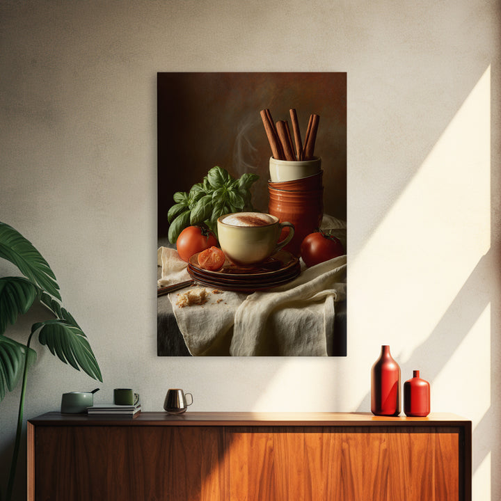 Cinnamon Sticks and Cappuccino Foam Still Life Framed Canvas Print, Coffee Shop Art, Whimsical Art, Cafe Decor, Oil Painting, CSA-2x3-8