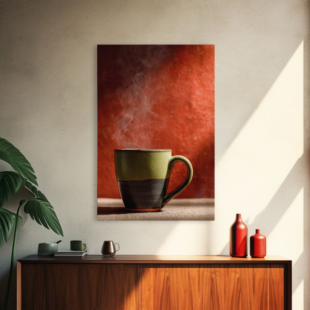 Espresso Cup with Rising Steam and Warm Canvas Print, Coffee Shop Art, Kitchen Wall Decor, Cafe Decor, Oil Painting, Cafe, CSA-2x3-81