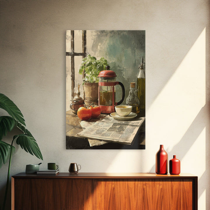 French Press and Morning Newspaper Without Readable Framed Canvas Print, Coffee Shop Art, Farmhouse Decor, Cafe Decor, Cafe, CSA-2x3-90