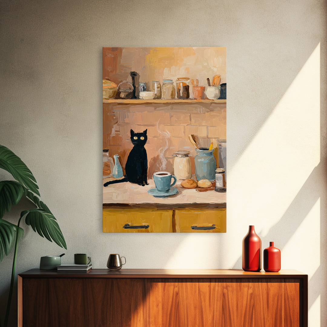 Black Cat Beside a Steaming Cup Framed Canvas Print, Coffee Shop Art, Kitchen Art, Cafe Decor, Cafe, Minimalist Wall Art, CSA-2x3-94