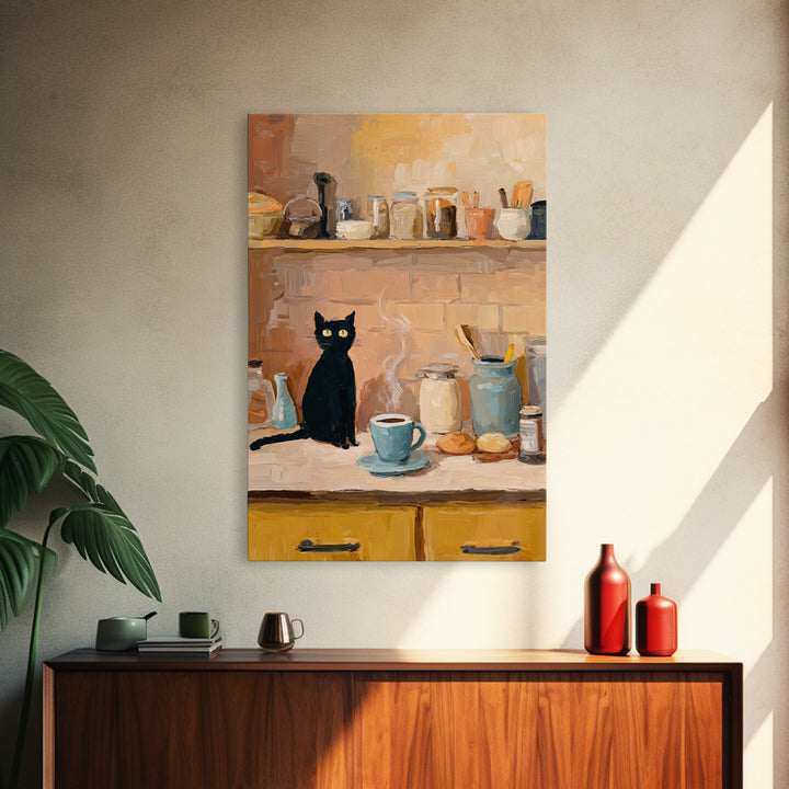 Black Cat Beside a Steaming Cup Framed Canvas Print, Coffee Shop Art, Kitchen Art, Cafe Decor, Cafe, Minimalist Wall Art, CSA-2x3-94