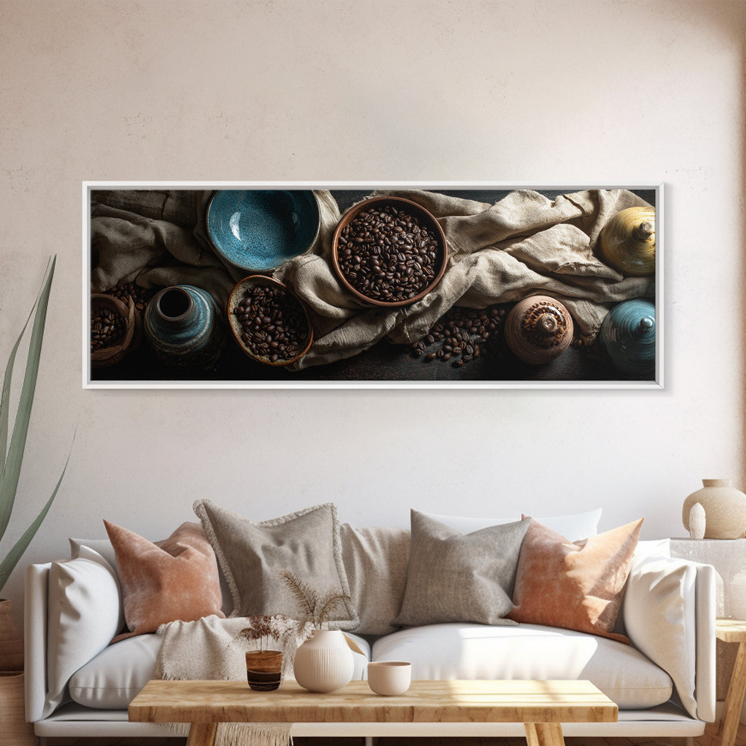 Roasted Beans Falling Through Dark Space Framed Canvas Print, Coffee Shop Art, Moody Wall Art, Cafe Decor, Fine Art, Cafe, CSA-3x1-12