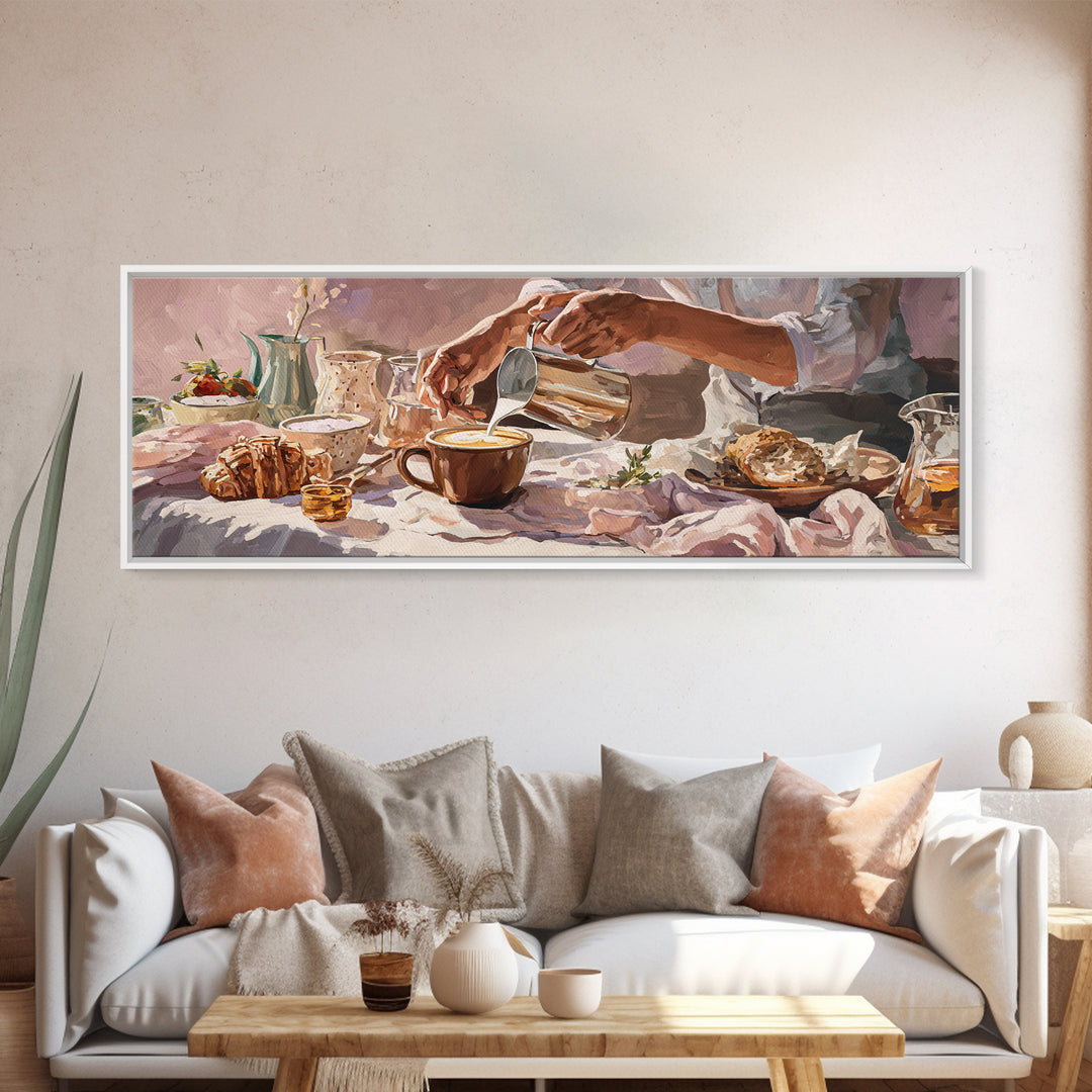 Barista Hands Pouring Milk into Espresso Canvas Print, Coffee Shop Art, Dopamine Decor, Cafe Decor, Cafe, Coffee Wall Art, CSA-3x1-13
