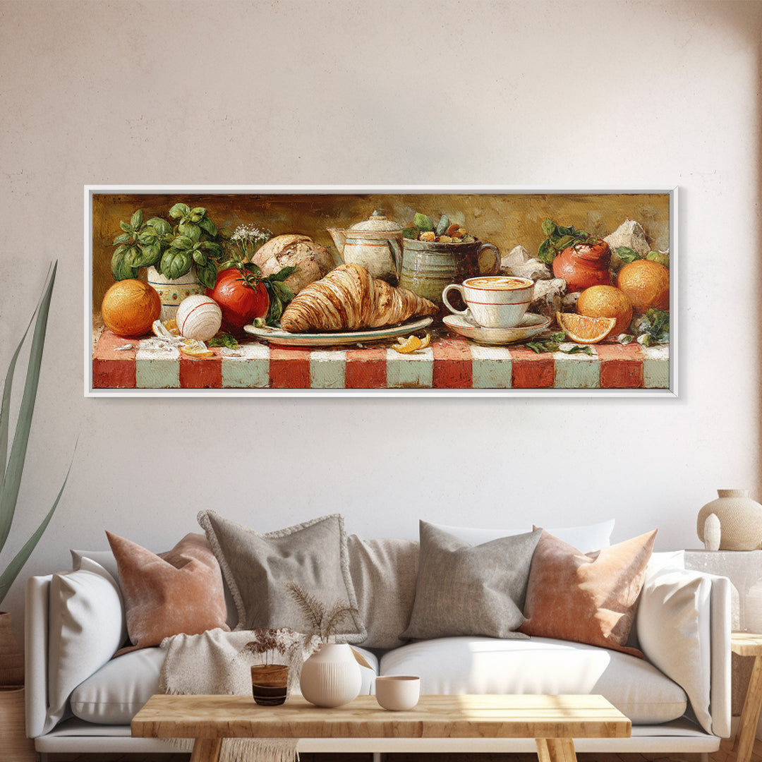 Croissant and Cappuccino on Striped Cloth Canvas Print, Coffee Shop Art, Moody Wall Art, Cafe Decor, Cafe, Luxury Decor, CSA-3x1-21