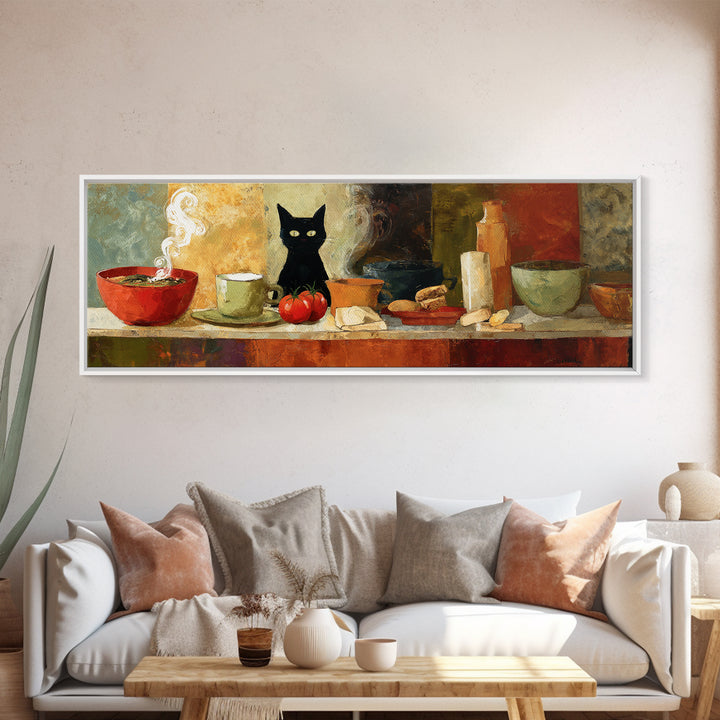 Black Cat Beside a Steaming Cup Canvas Print, Coffee Shop Art, Printable, Cafe Decor, Fine Art, Cafe, Dopamine Decor, CSA-3x1-30