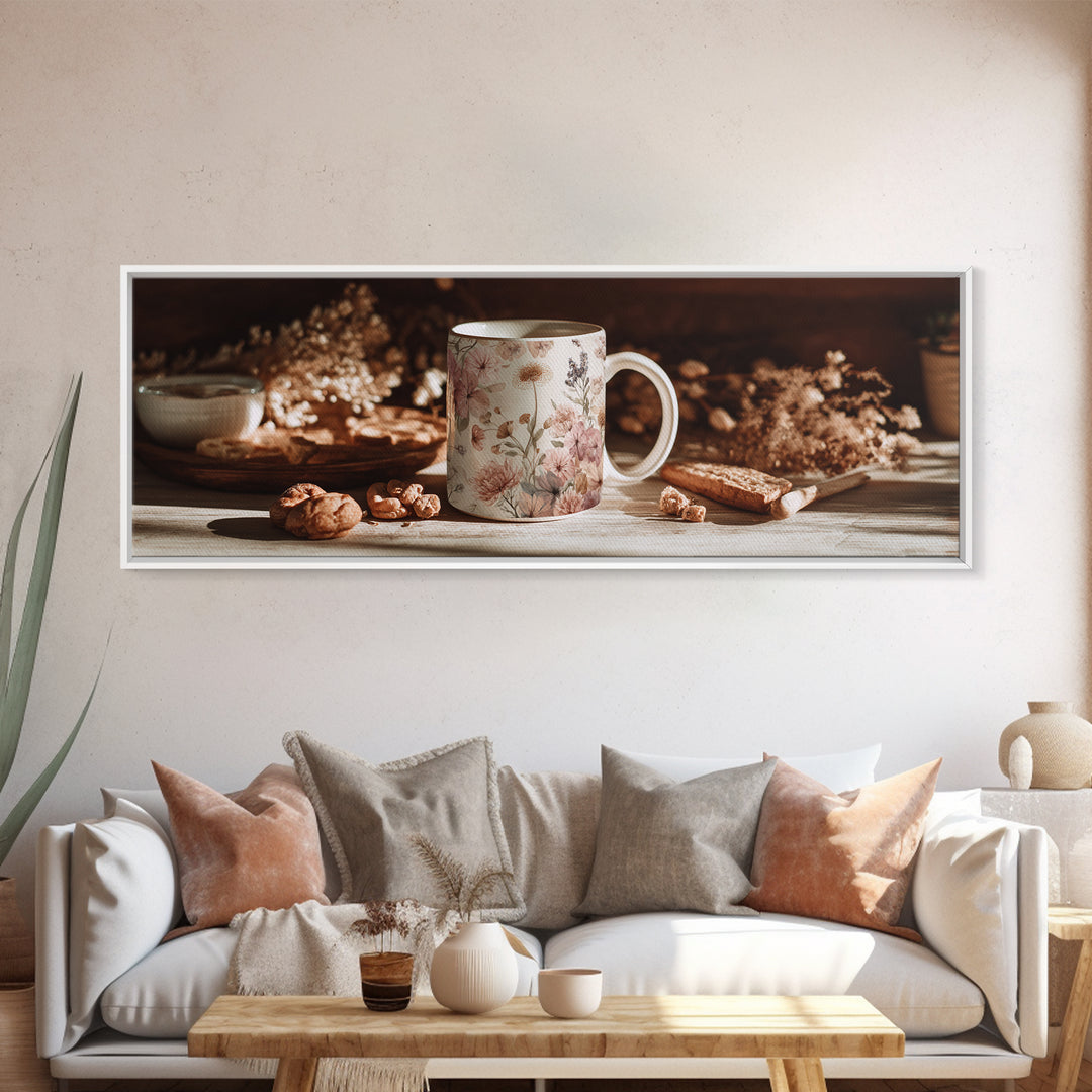 Ceramic Mug with Wildflowers Around It Framed Canvas Print, Coffee Shop Art, Coffee Wall Art, Cafe Decor, Fine Art, Cafe, CSA-3x1-32