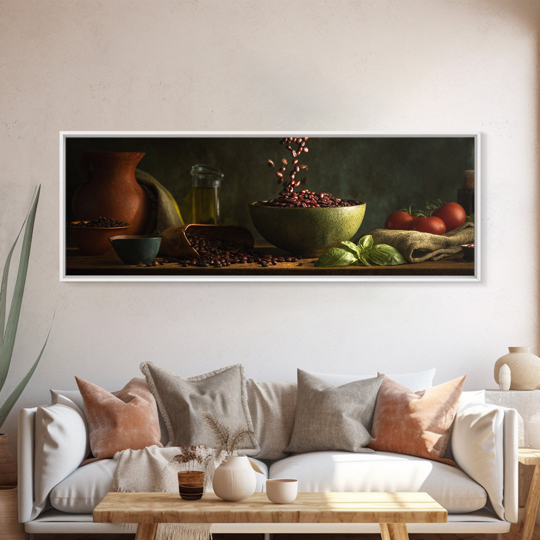 Roasted Beans Falling Through Dark Space Canvas Print, Coffee Shop Art, Gallery Decor, Cafe Decor, Fine Art, Cafe, Wall Art, CSA-3x1-36