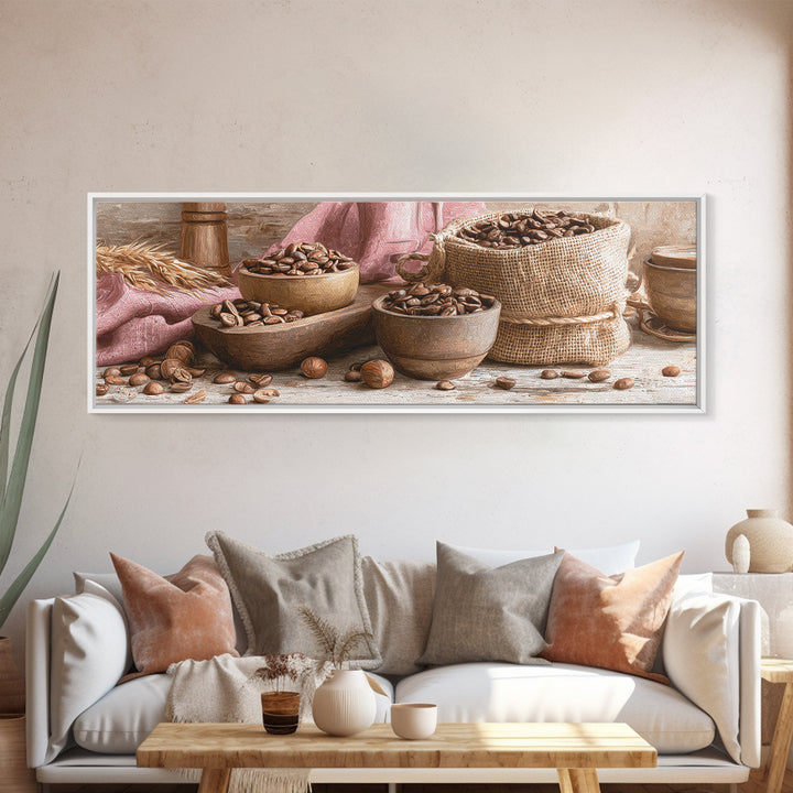 Coffee Beans and Burlap Sack Still Life Canvas Print, Coffee Shop Art, Canvas Print, Cafe Decor, Fine Art, Cafe, Neutral Decor, CSA-3x1-42