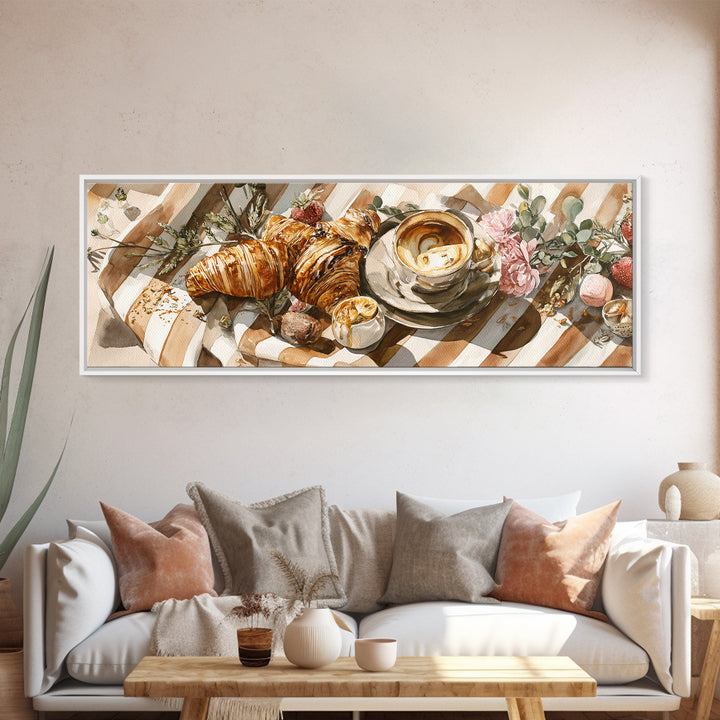 Croissant and Cappuccino on Striped Cloth Canvas Print, Coffee Shop Art, Moody Wall Art, Cafe Decor, Cafe, Luxury Decor, CSA-3x1-45